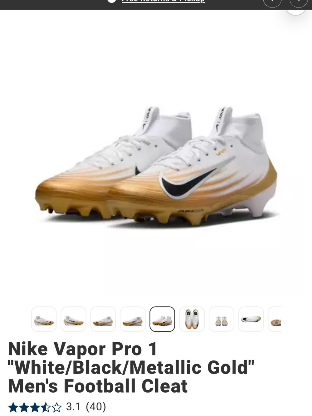 Nike Vapor Pro 1 Football Cleats - White & Metallic Gold